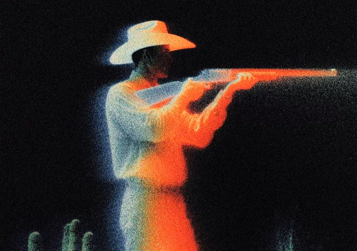 A figure in a wide hat raising a rifle, rendered in heat-scan orange against black